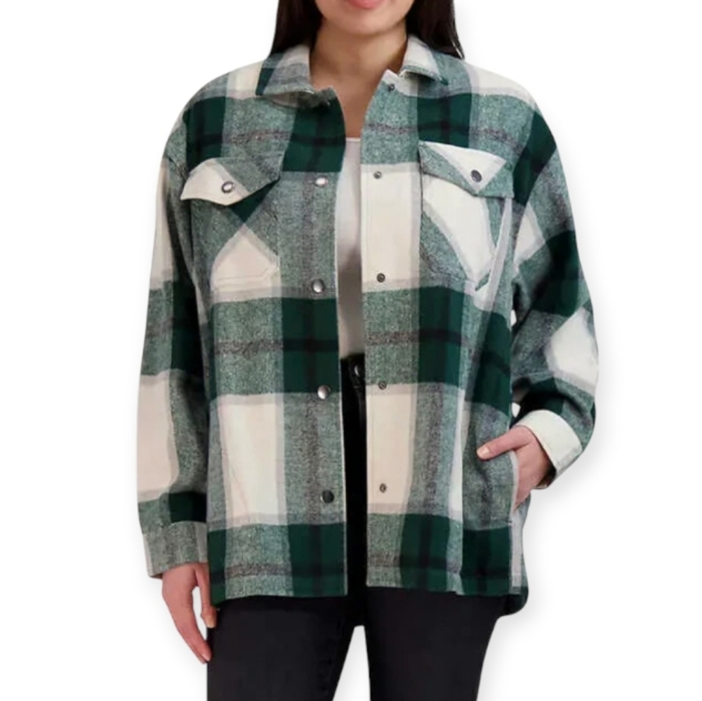 NWT HFX Women's Green And White Plaid Shirt Jacket Size Medium